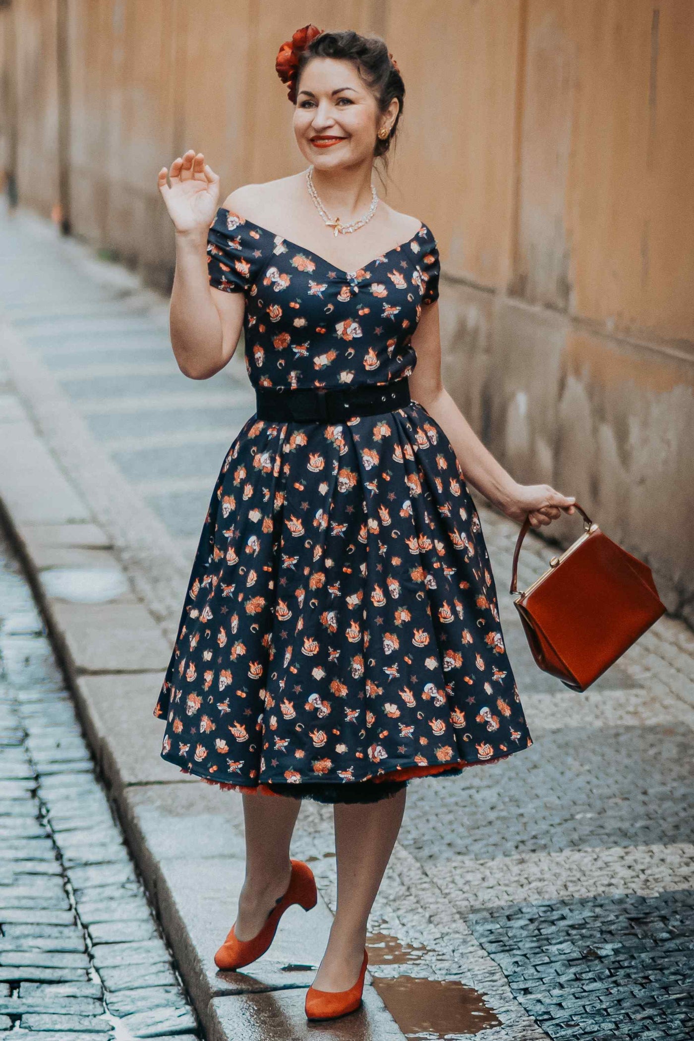 Lily Rockabilly Off Shoulder Skull & Rose Swing Dress