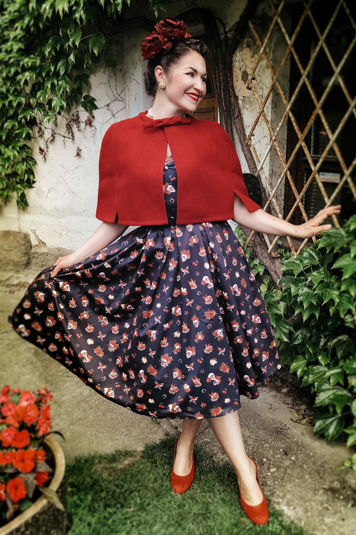 Lily Rockabilly Off Shoulder Skull & Rose Swing Dress