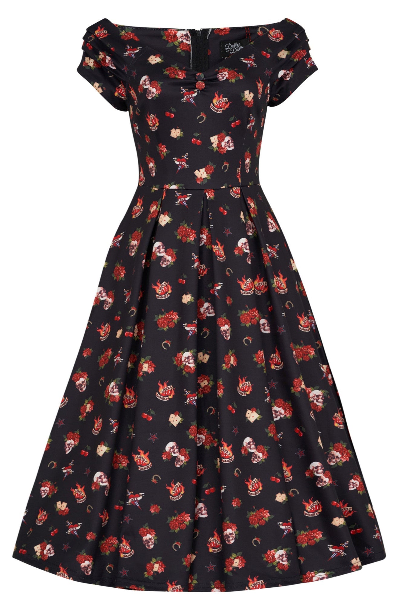 Lily Rockabilly Off Shoulder Skull & Rose Swing Dress