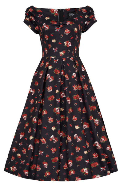 Lily Rockabilly Off Shoulder Skull & Rose Swing Dress