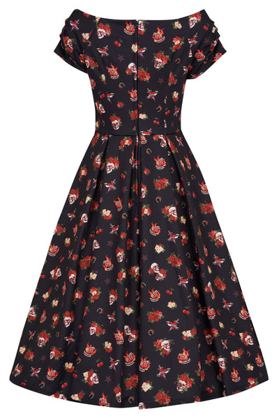 Lily Rockabilly Off Shoulder Skull & Rose Swing Dress