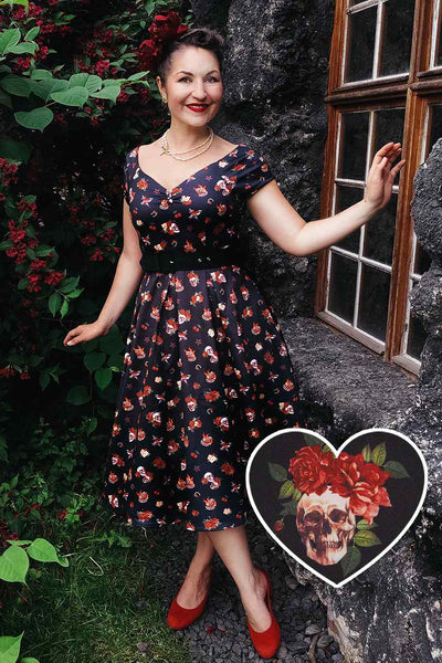 Lily Rockabilly Off Shoulder Skull & Rose Swing Dress