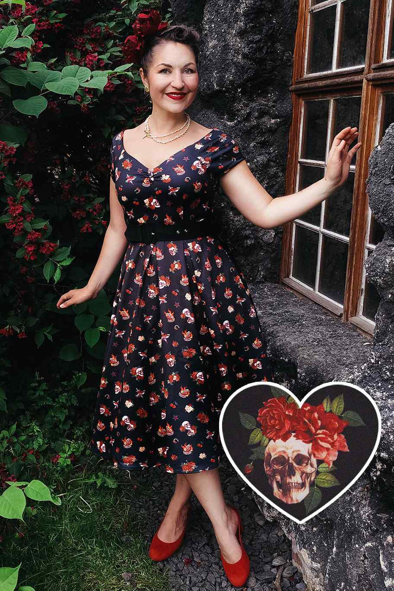 Lily Rockabilly Off Shoulder Skull & Rose Swing Dress