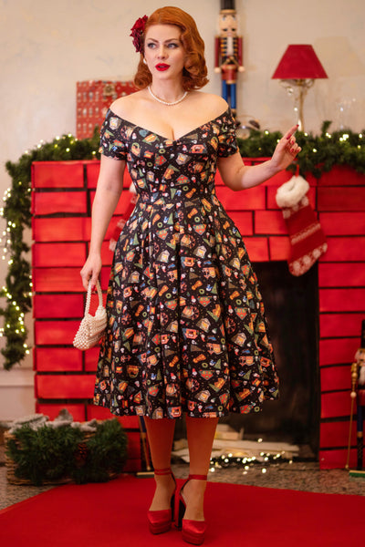 Lily Retro Off Shoulder in Black Christmas Fair Swing Dress