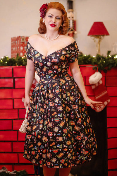 Lily Retro Off Shoulder in Black Christmas Fair Swing Dress
