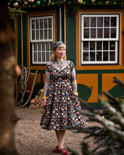 Lily Retro Off Shoulder in Black Christmas Fair Swing Dress