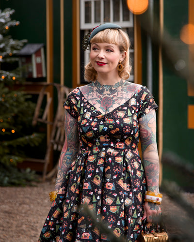 Lily Retro Off Shoulder in Black Christmas Fair Swing Dress