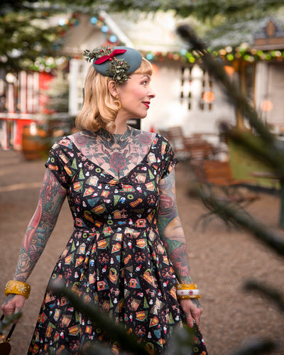 Lily Retro Off Shoulder in Black Christmas Fair Swing Dress