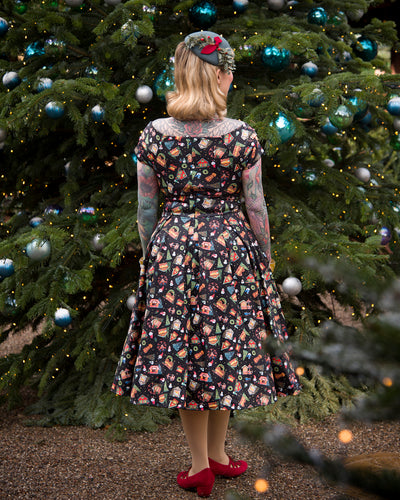 Lily Retro Off Shoulder in Black Christmas Fair Swing Dress