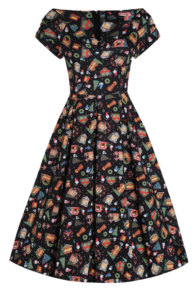 Lily Retro Off Shoulder in Black Christmas Fair Swing Dress