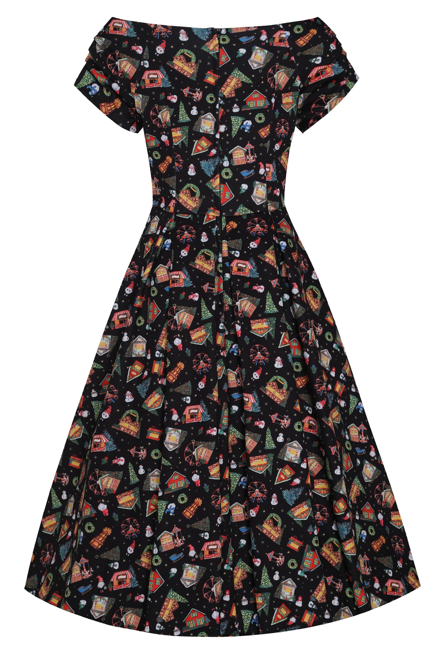 Lily Retro Off Shoulder in Black Christmas Fair Swing Dress