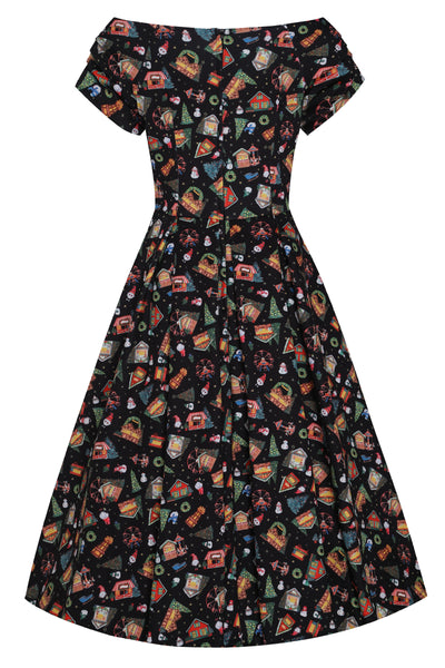 Lily Retro Off Shoulder in Black Christmas Fair Swing Dress