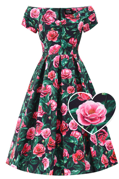Lily Pink Camellia Off Shoulder Dress In Black