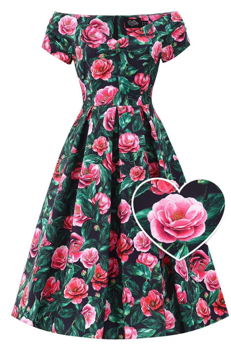 Lily Pink Camellia Off Shoulder Dress In Black