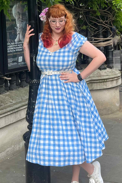 Lily Off Shoulder Blue Gingham Swing Dress