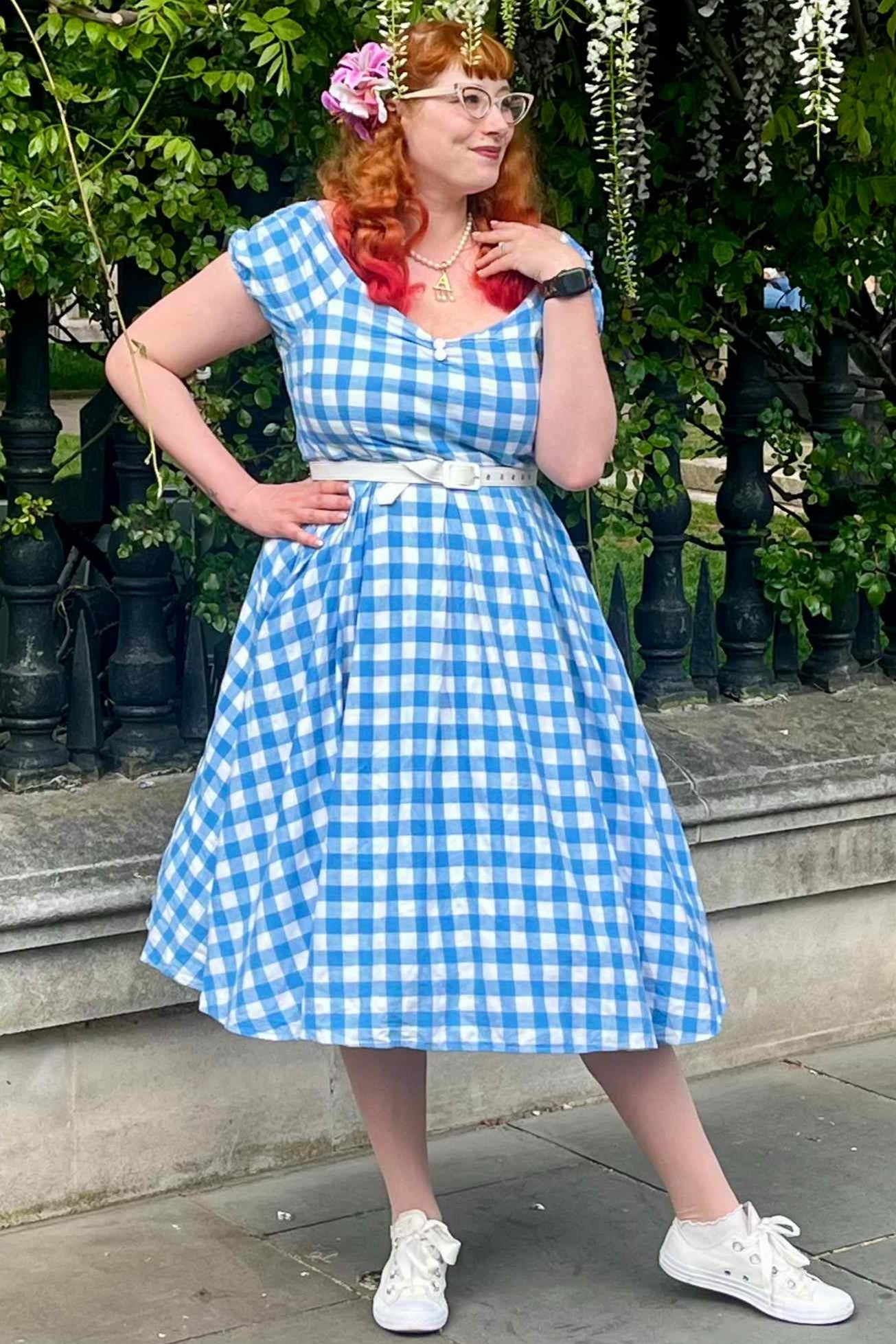 Lily Off Shoulder Blue Gingham Swing Dress