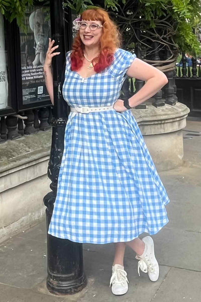 Lily Off Shoulder Blue Gingham Swing Dress