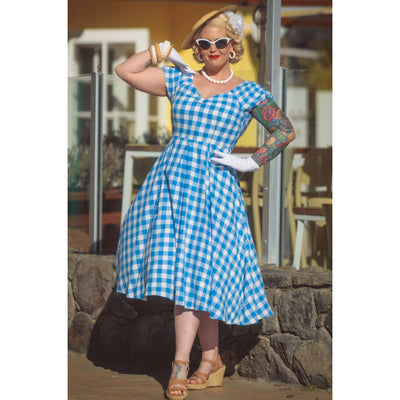 Lily Off Shoulder Blue Gingham Swing Dress