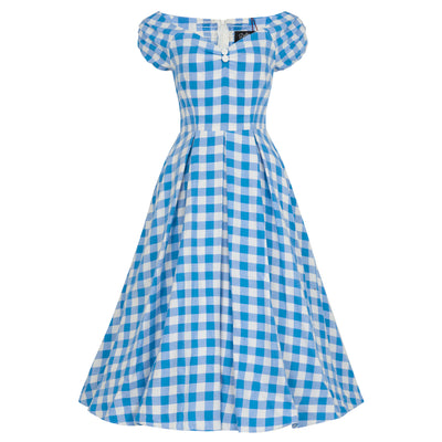 Lily Off Shoulder Blue Gingham Swing Dress