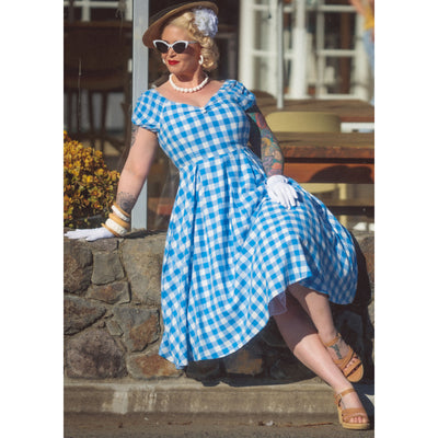 Lily Off Shoulder Blue Gingham Swing Dress