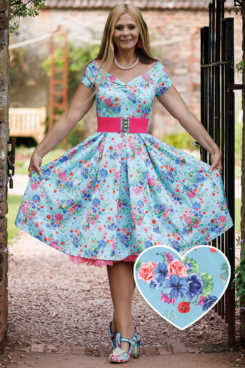 Lily Blue Off Shoulder Hydrangea Print Cotton Dress