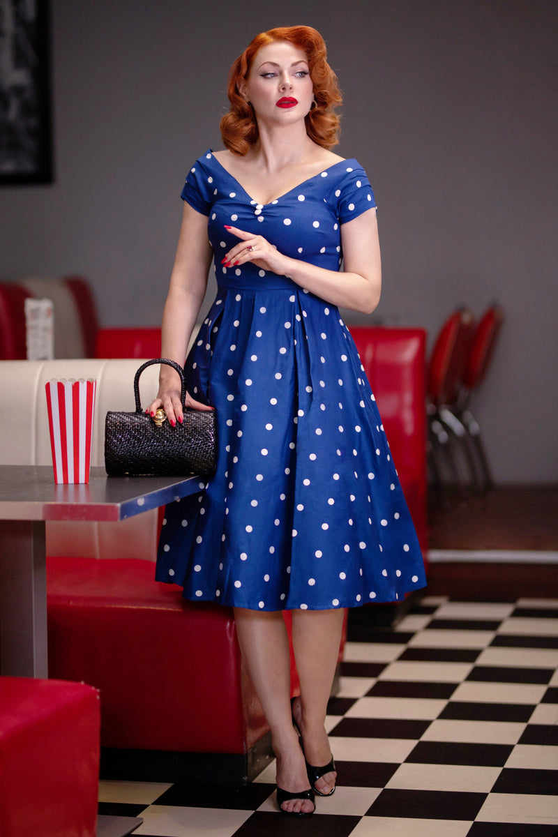 PRE ORDER Lily Navy Blue Polka Dot Off Shoulder Circle Dress