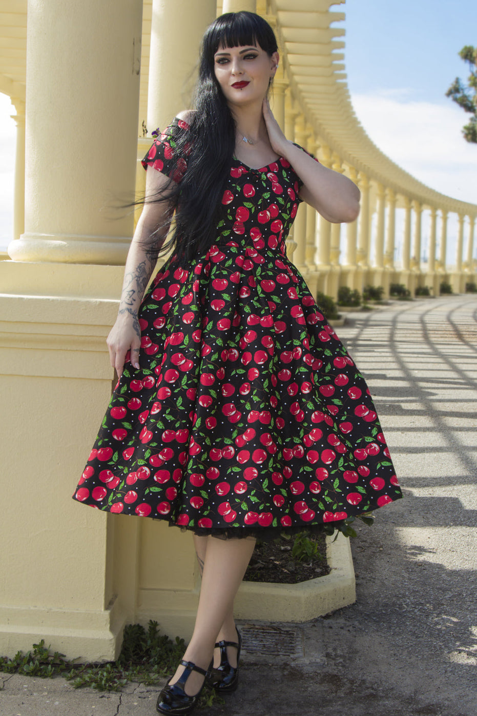 Lily Off Shoulder Cherry Swing Dress