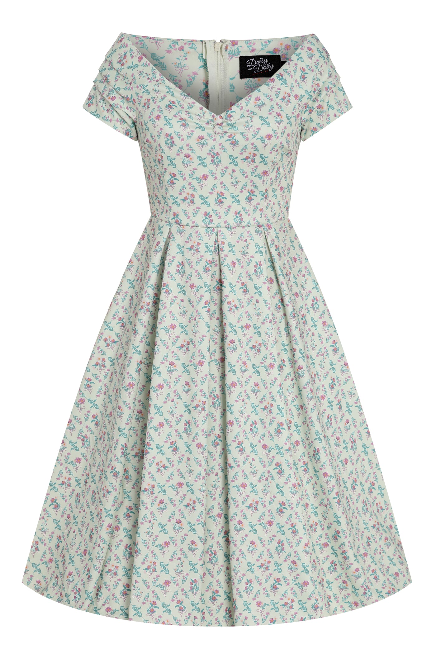 PRE ORDER Lily Cream Off Shoulder 50s Inspired Floral Grid Print Dress