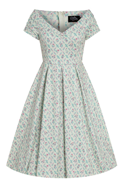 PRE ORDER Lily Cream Off Shoulder 50s Inspired Floral Grid Print Dress