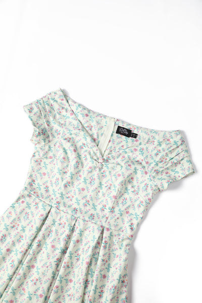 PRE ORDER Lily Cream Off Shoulder 50s Inspired Floral Grid Print Dress
