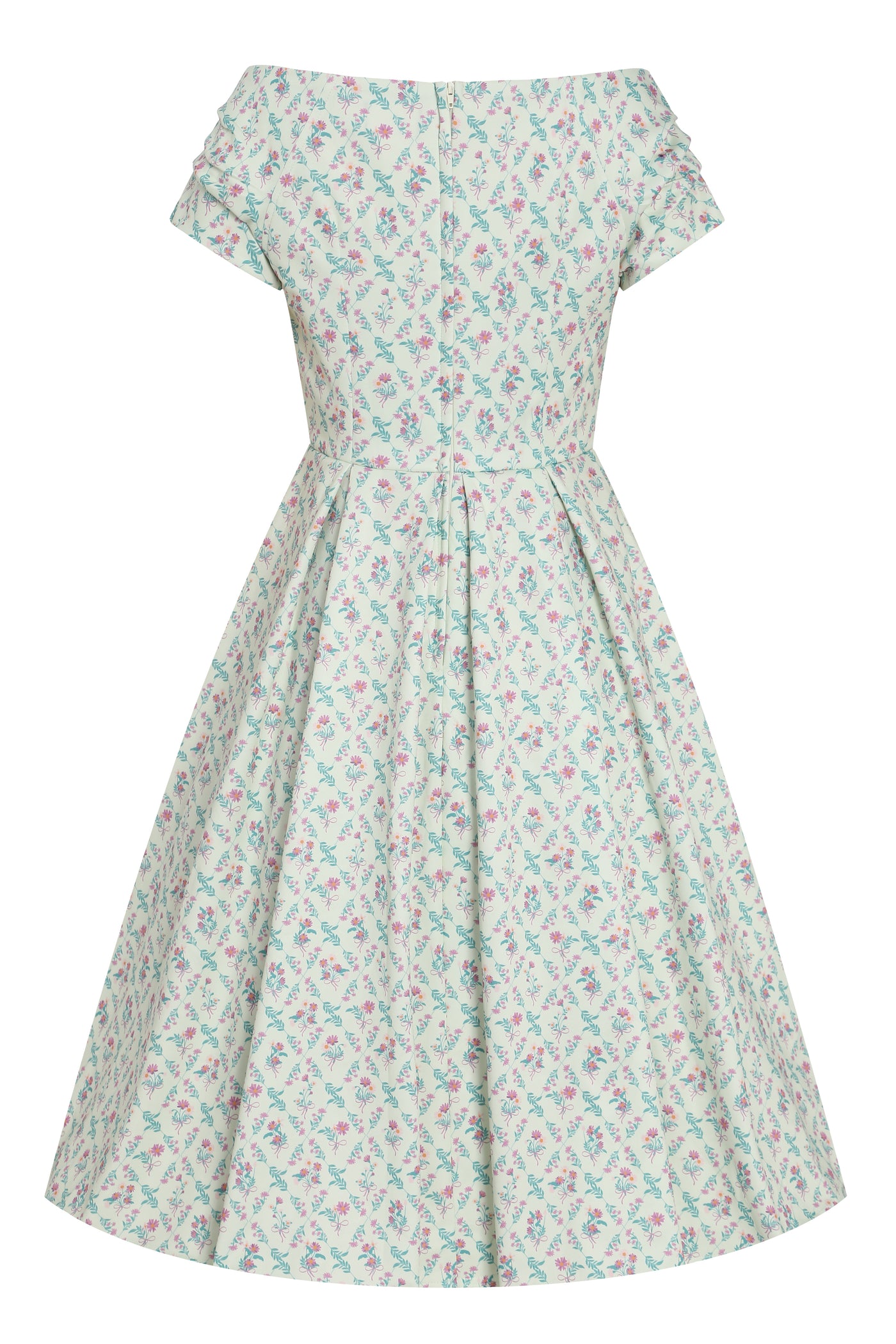 PRE ORDER Lily Cream Off Shoulder 50s Inspired Floral Grid Print Dress
