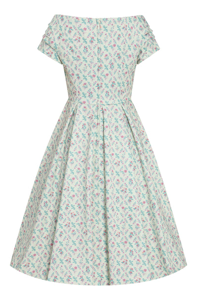PRE ORDER Lily Cream Off Shoulder 50s Inspired Floral Grid Print Dress
