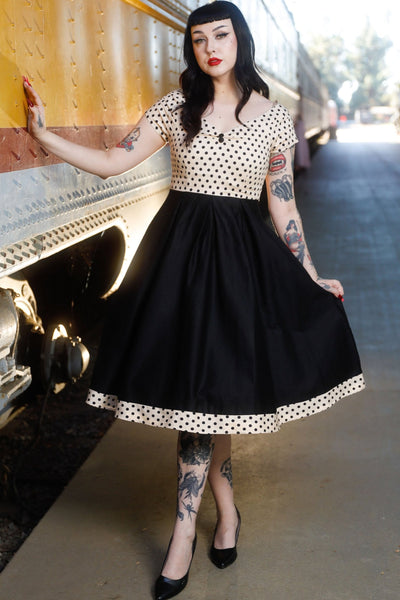 EU STOCK Lily Off Shoulder Cream Polka Dot Swing Dress