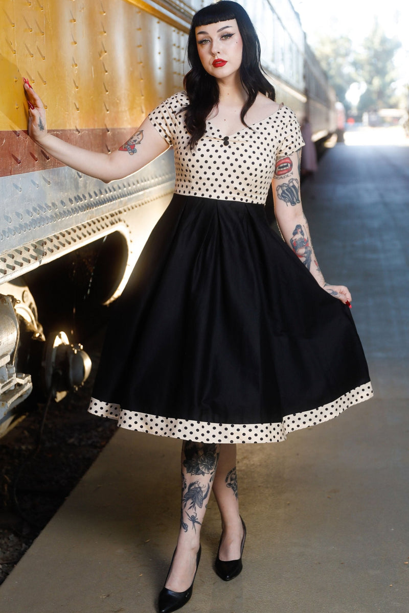 EU STOCK Lily Off Shoulder Cream Polka Dot Swing Dress