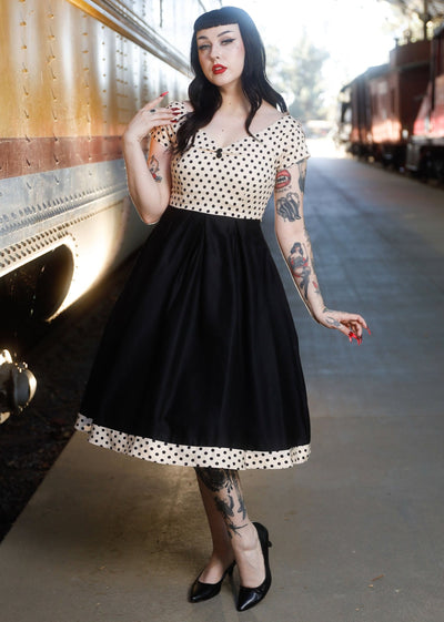 EU STOCK Lily Off Shoulder Cream Polka Dot Swing Dress
