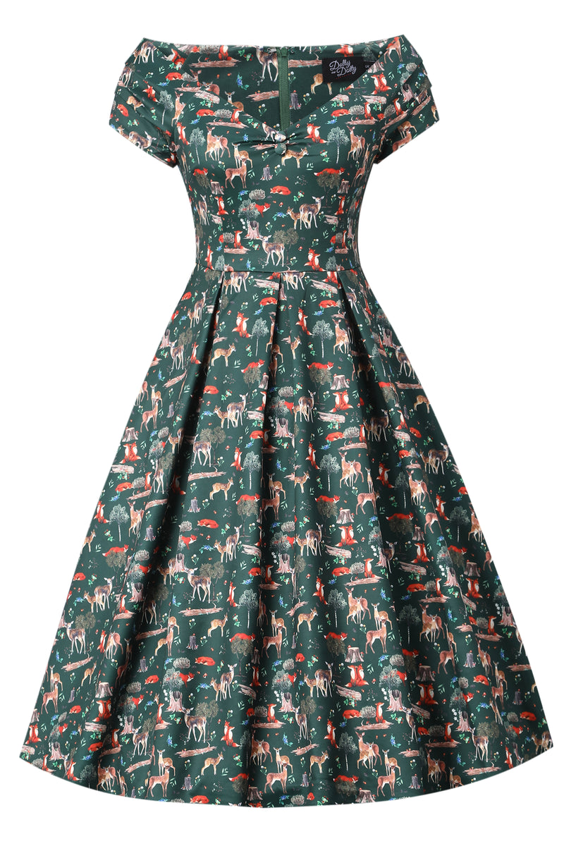Lily Dark Green Off Shoulder Woodland Print Dress