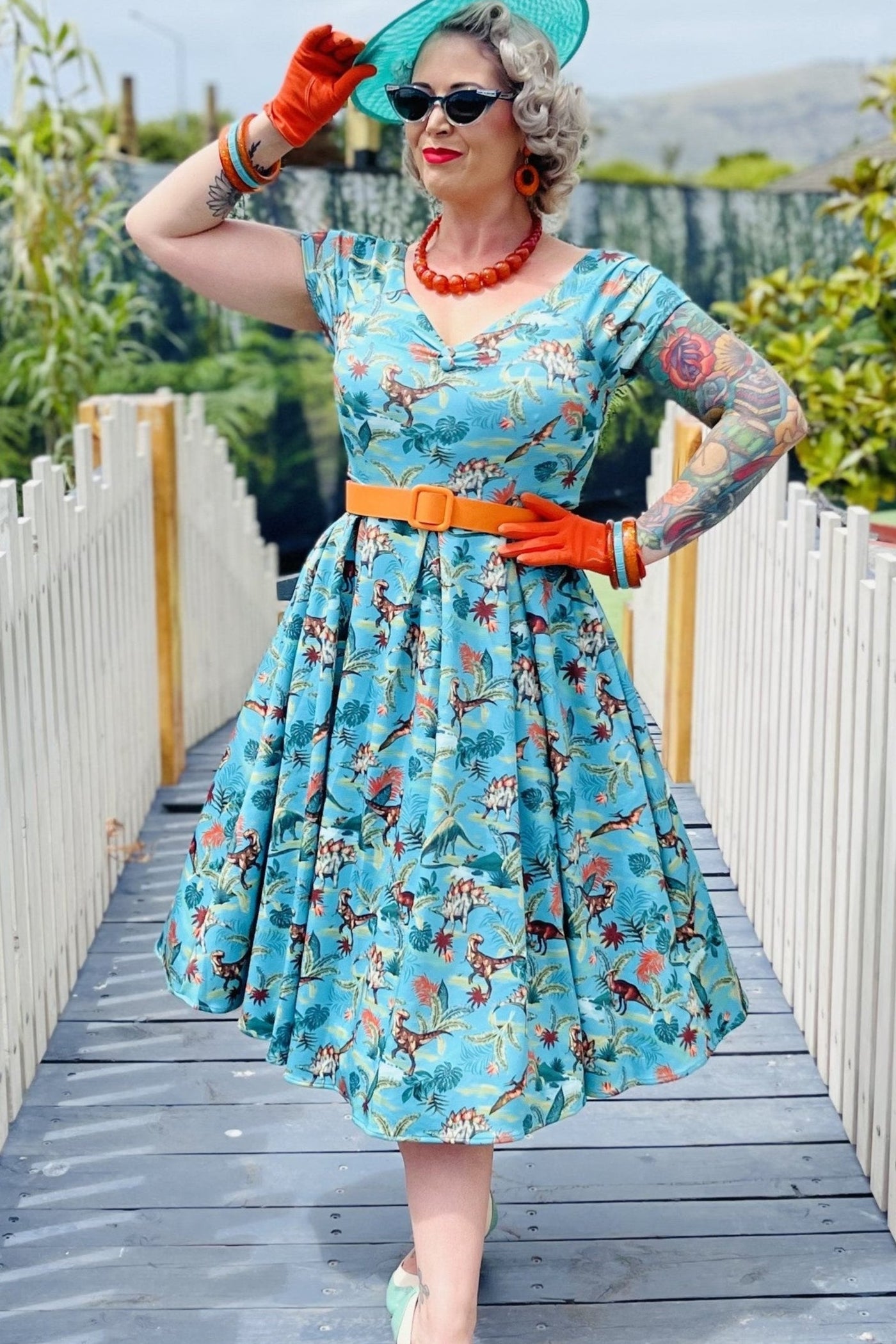 EU STOCK Lily Green Forest Dinosaur Off Shoulder Dress