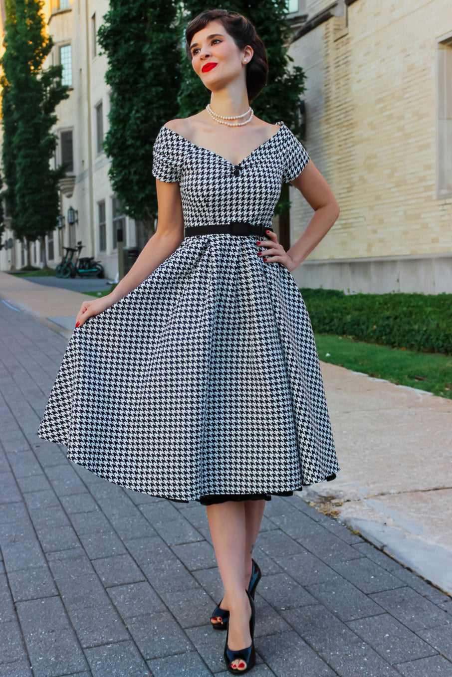 Lily Retro Off Shoulder Dog Tooth Print Dress