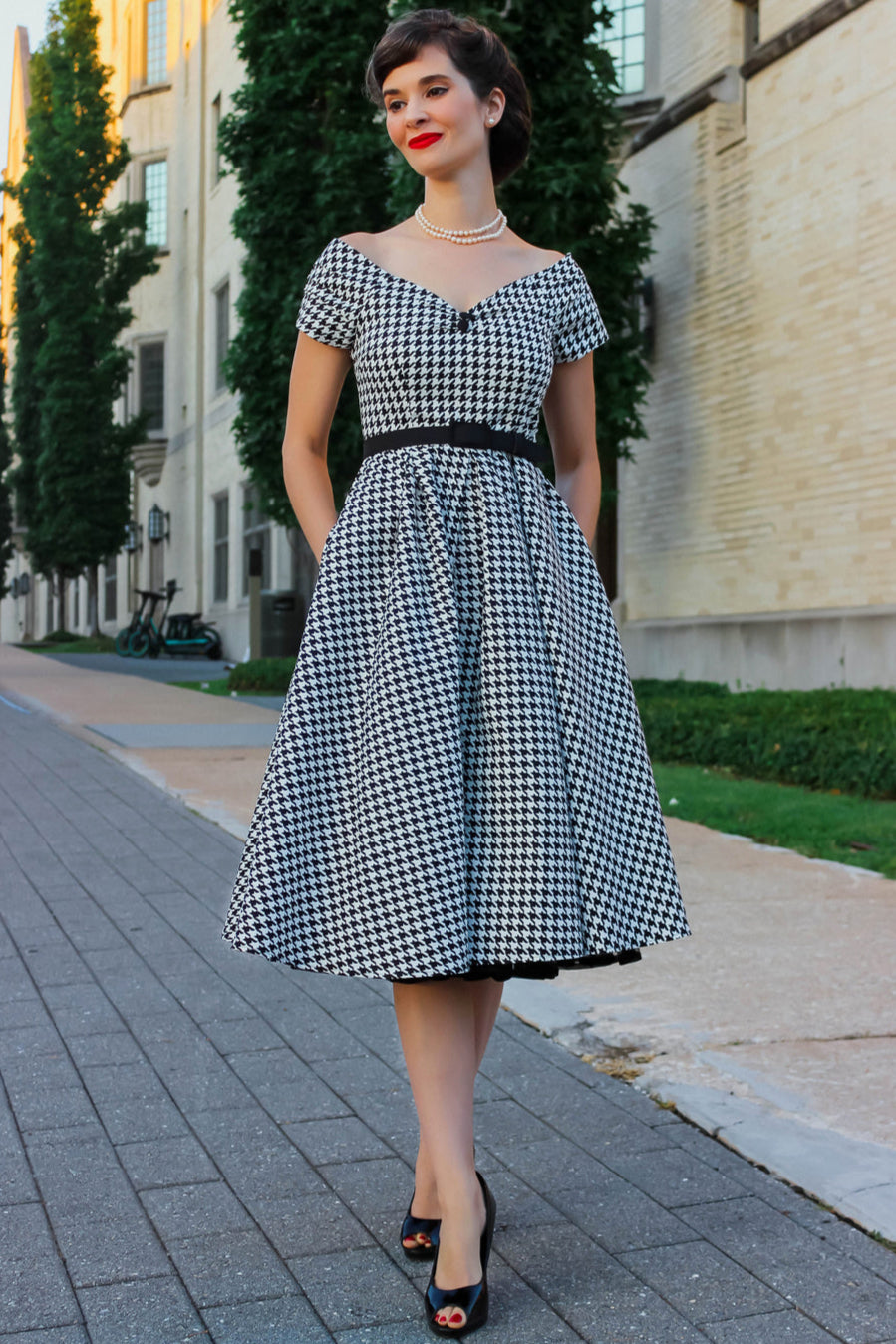 Lily Retro Off Shoulder Dog Tooth Print Dress