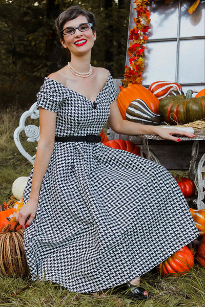 Lily Retro Off Shoulder Dog Tooth Print Dress
