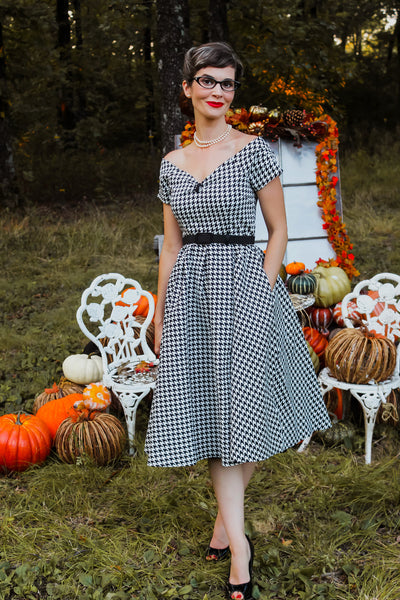Lily Retro Off Shoulder Dog Tooth Print Dress