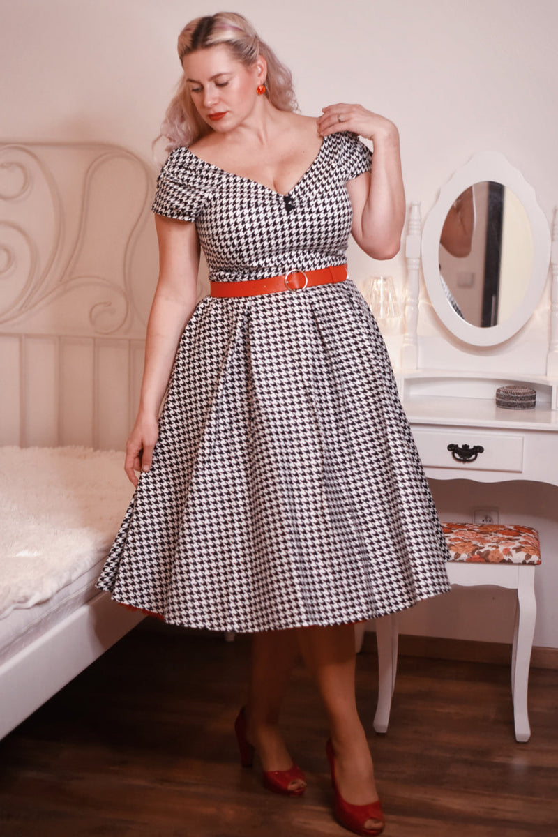 Lily Retro Off Shoulder Dog Tooth Print Dress