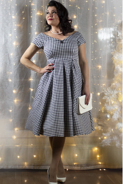Lily Retro Off Shoulder Dog Tooth Print Dress