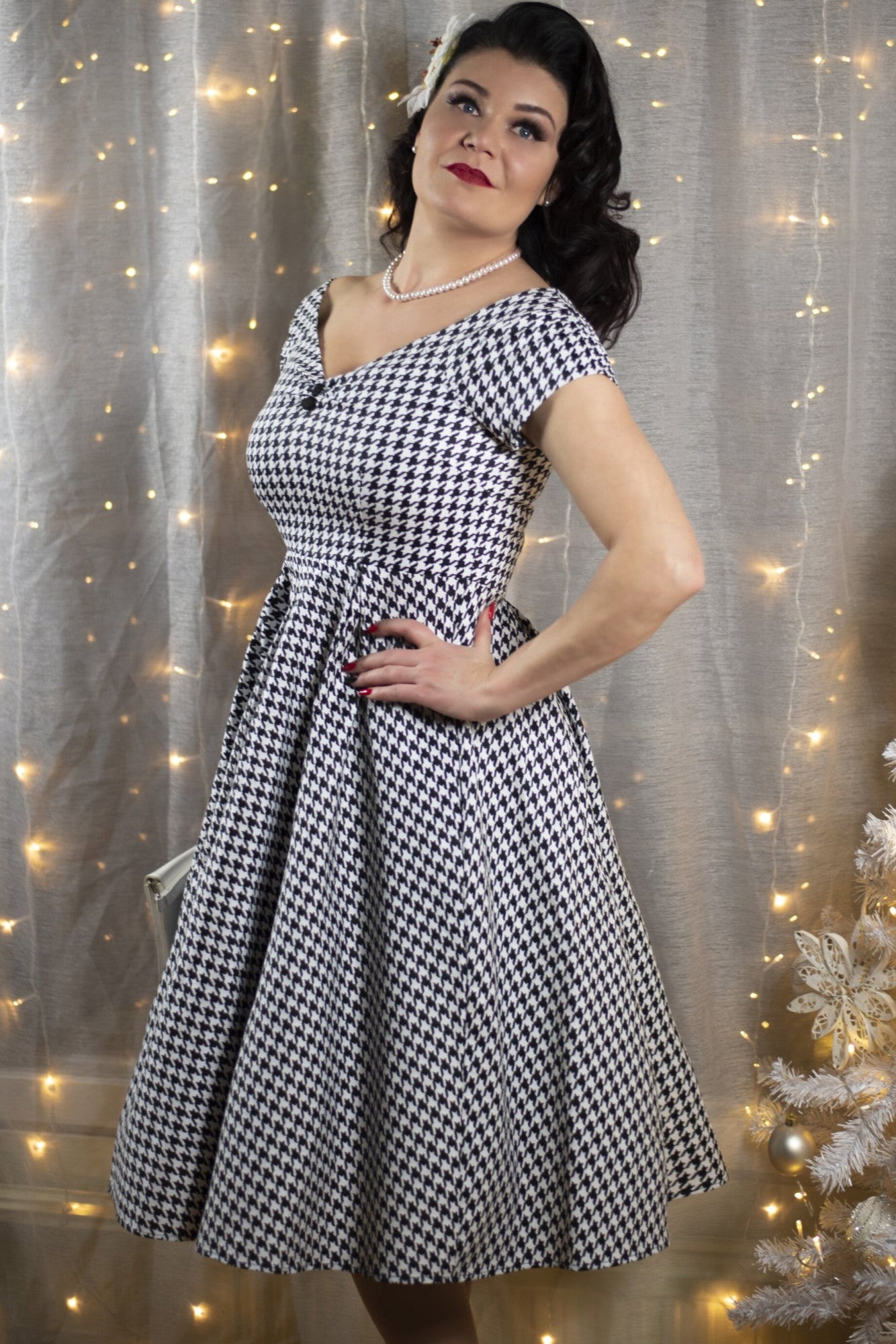 Lily Retro Off Shoulder Dog Tooth Print Dress