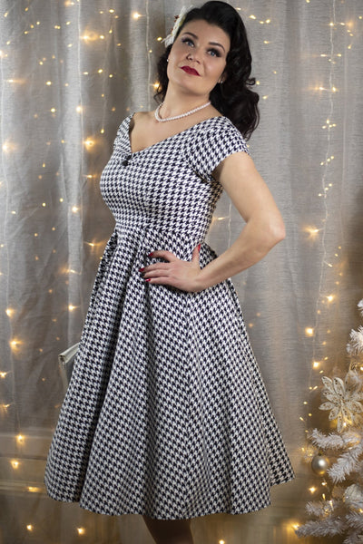 Lily Retro Off Shoulder Dog Tooth Print Dress
