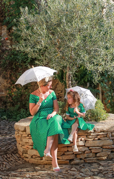 PRE-ORDER Children Darlene Dress In Green/ White Polka Dots