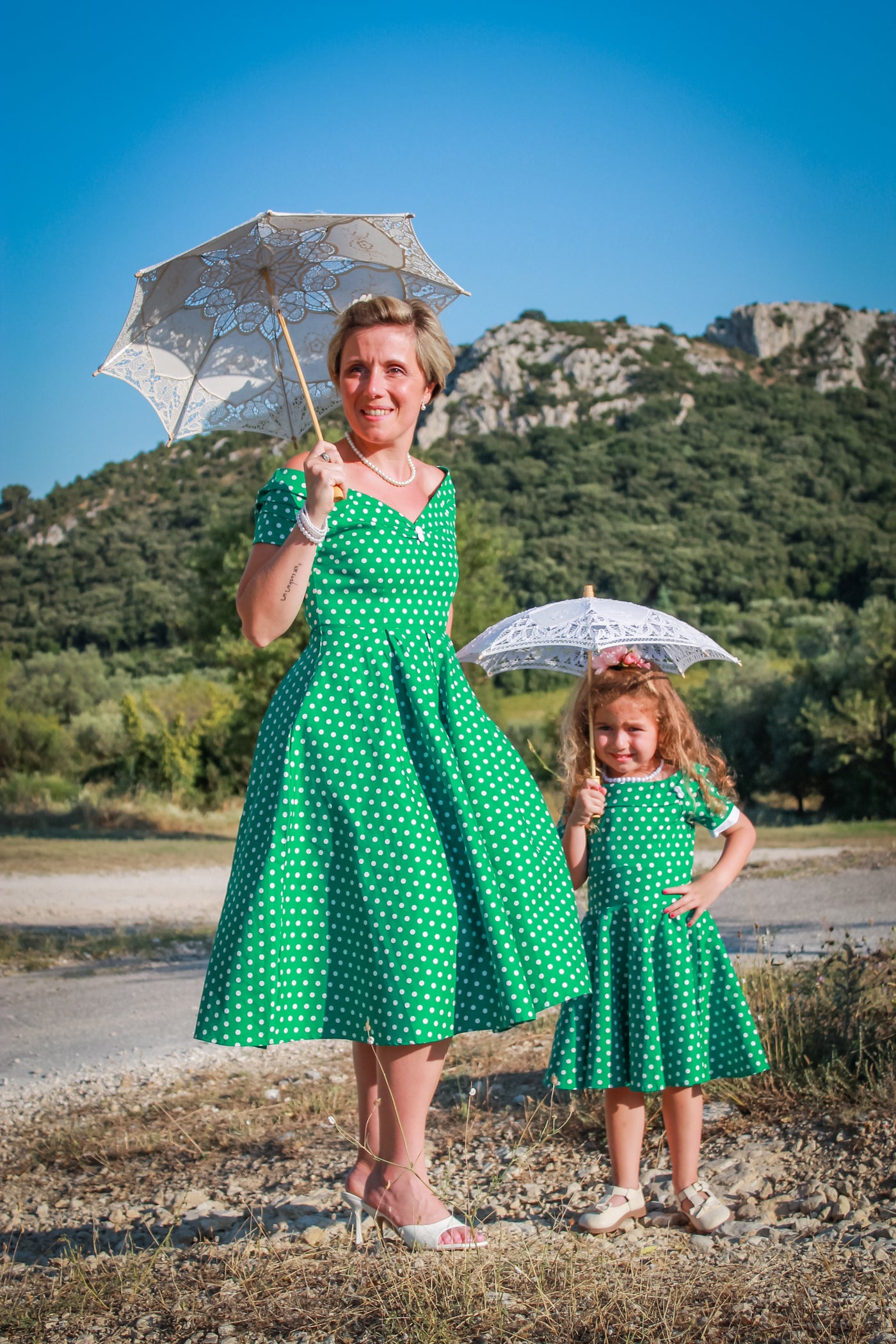 PRE-ORDER Children Darlene Dress In Green/ White Polka Dots