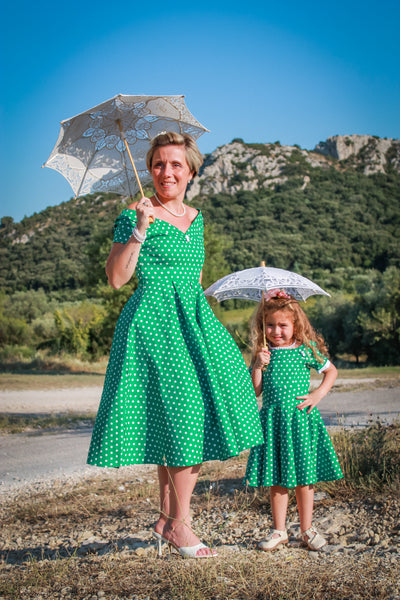 PRE-ORDER Children Darlene Dress In Green/ White Polka Dots