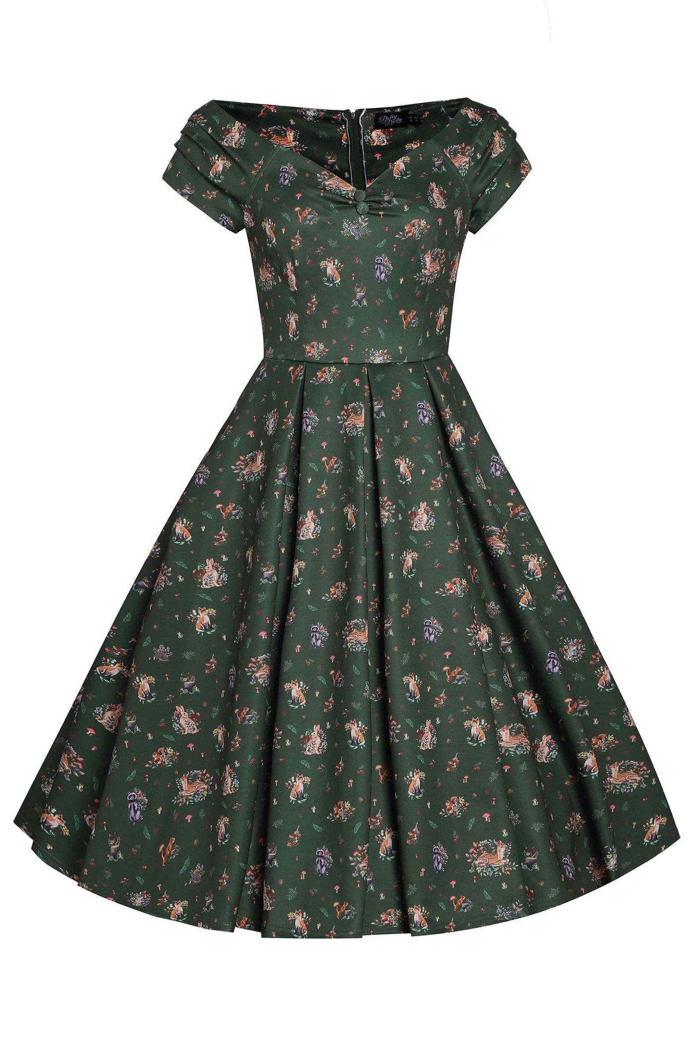Lily Retro Off Shoulder in Dark Green & Forrest Animals Swing Dress