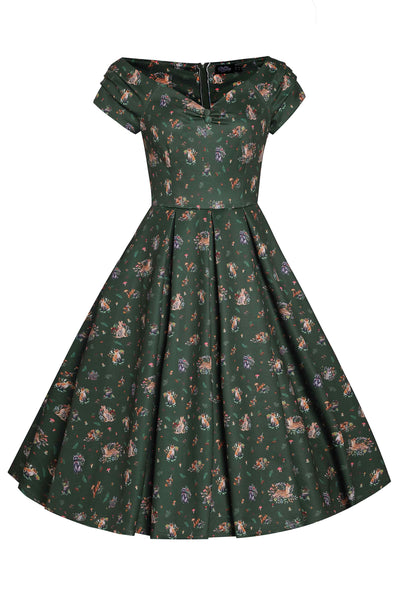 Lily Retro Off Shoulder in Dark Green & Forrest Animals Swing Dress